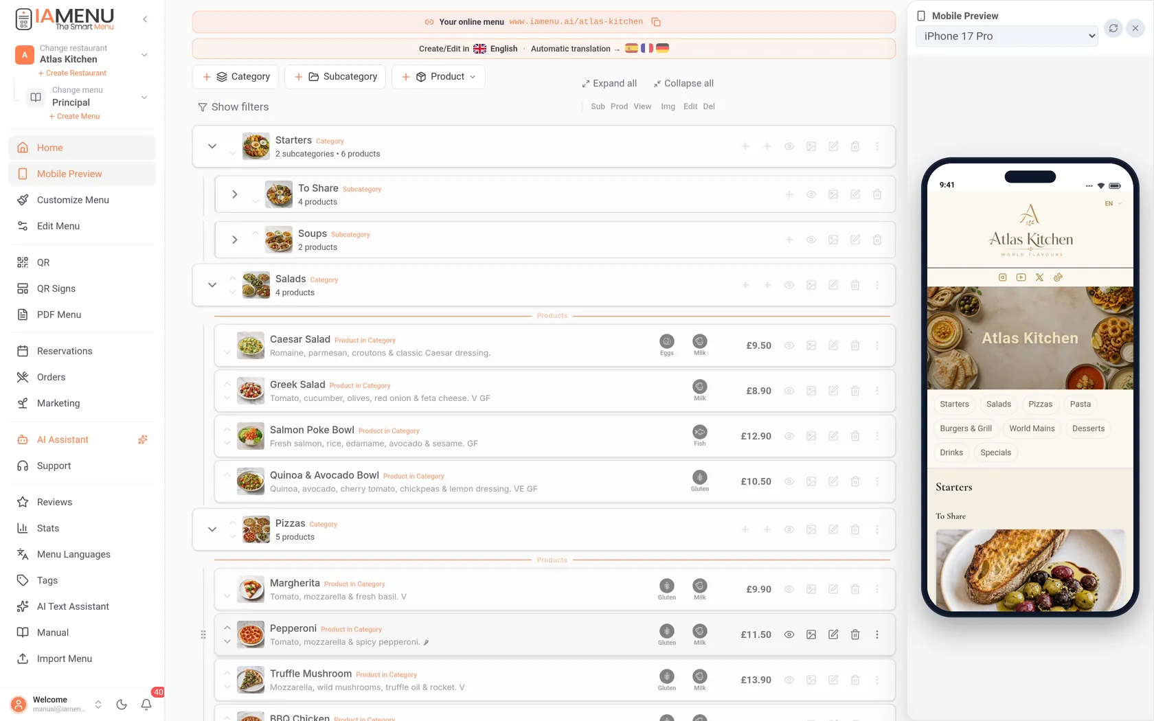 IAMenu dashboard: a restaurant's QR digital menu with categories, subcategories, products with allergens and prices, plus a live mobile preview of the menu