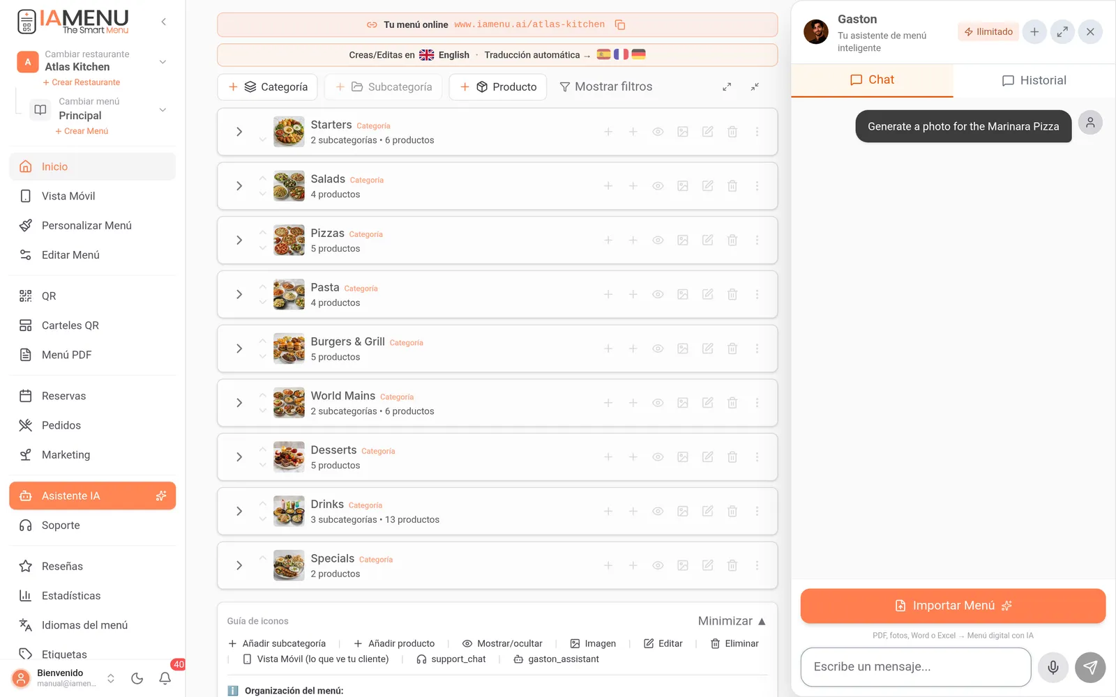 El asistente IA de IAMenu generando una foto de plato por chat dentro del panel del restaurante